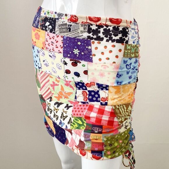 Omighty OG Patchwork Multi Pattern Mini Skirt w Ruched Side Tie - Picture 4 of 7